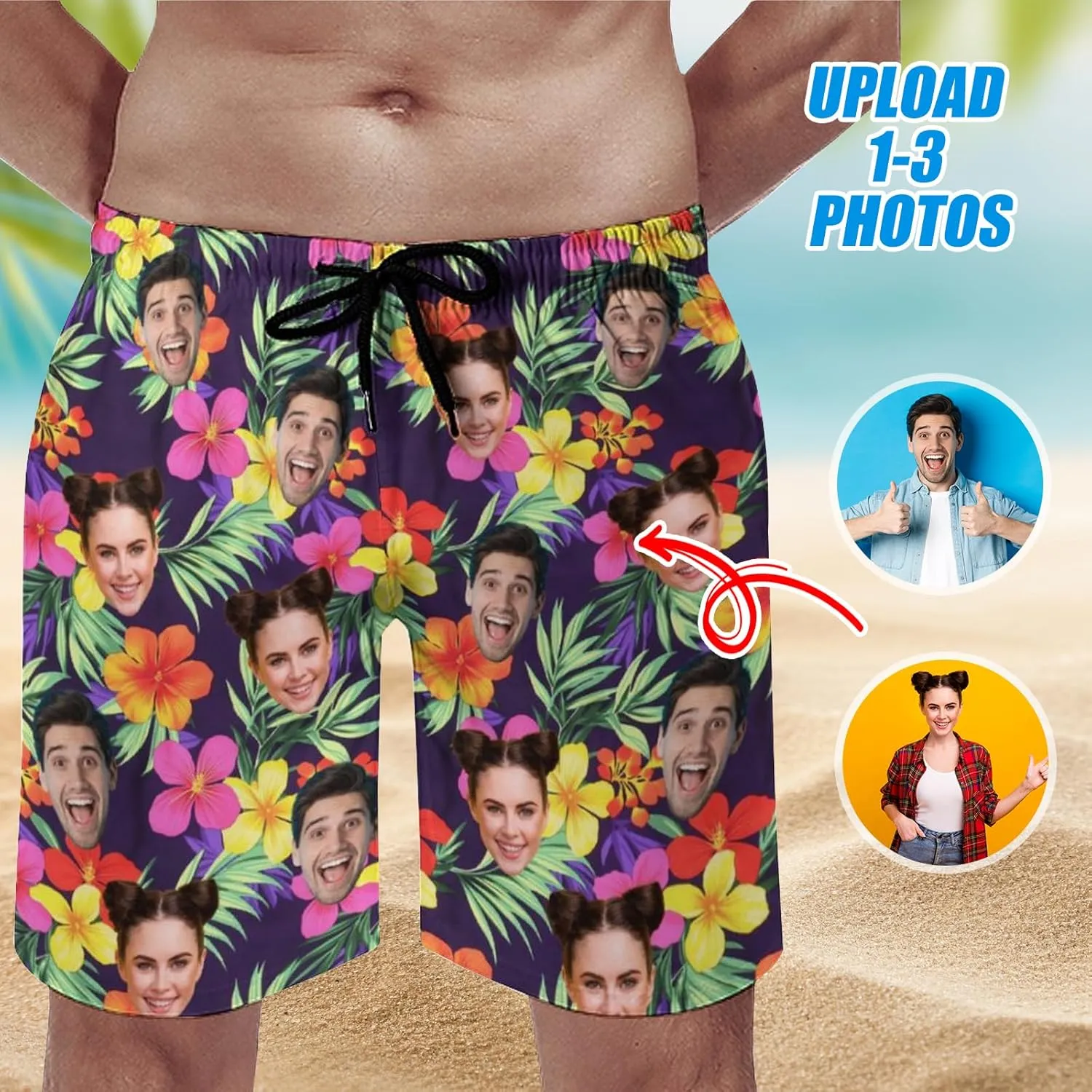 Custom Face Swim Trunks for Mens, Personalized Funny Beach Shorts with Faces Photo, Customized Swim Shorts Gift for Birthday