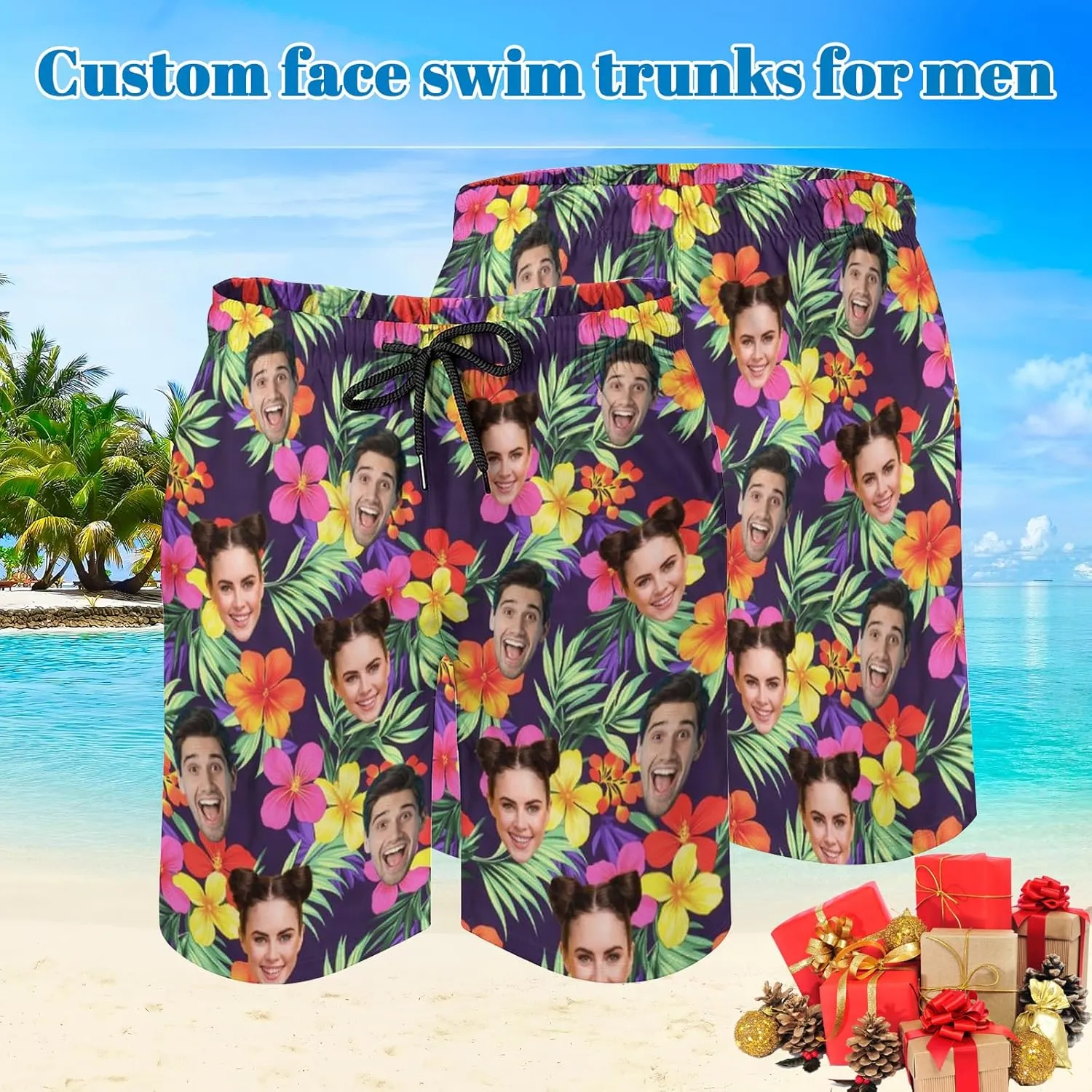 Custom Face Swim Trunks for Mens, Personalized Funny Beach Shorts with Faces Photo, Customized Swim Shorts Gift for Birthday