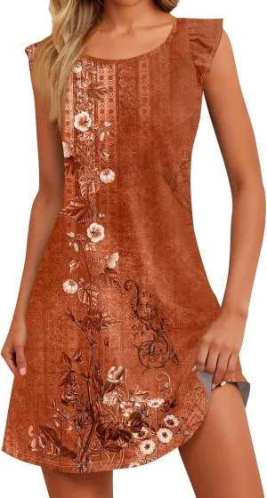 Cute Dresses for Women Spring Summer Floral Printed Crew Neck Ruffled Sleeves Midi Sundress Loose Daily Beach Dress