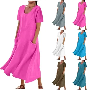 Dress for Women Summer Short Sleeve Solid Color Cotton Linen Casual Plus Size Baggy Flowy Maxi Dresses with Pocket