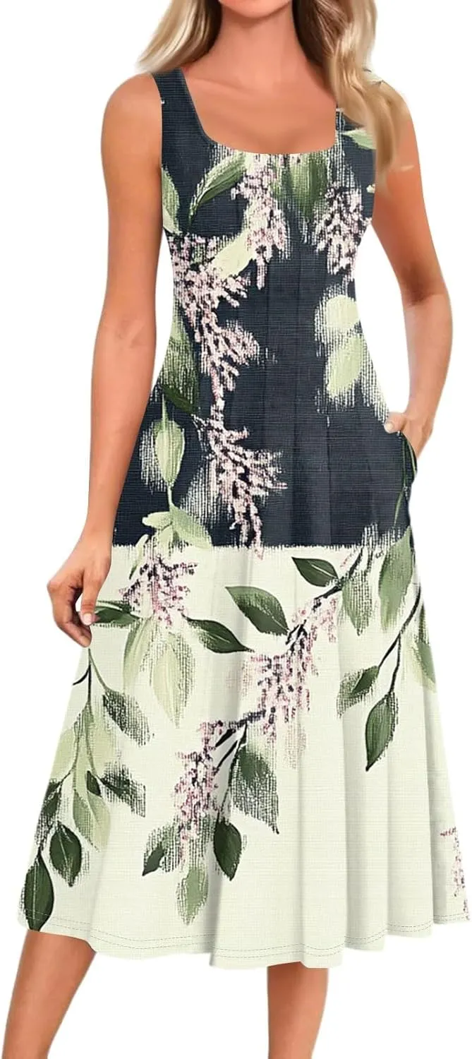Dresses for Women Midi A Line Dress Sleeveless Casual Flowy Beach Long Sundress with Pockets 2025 Vacation Travel