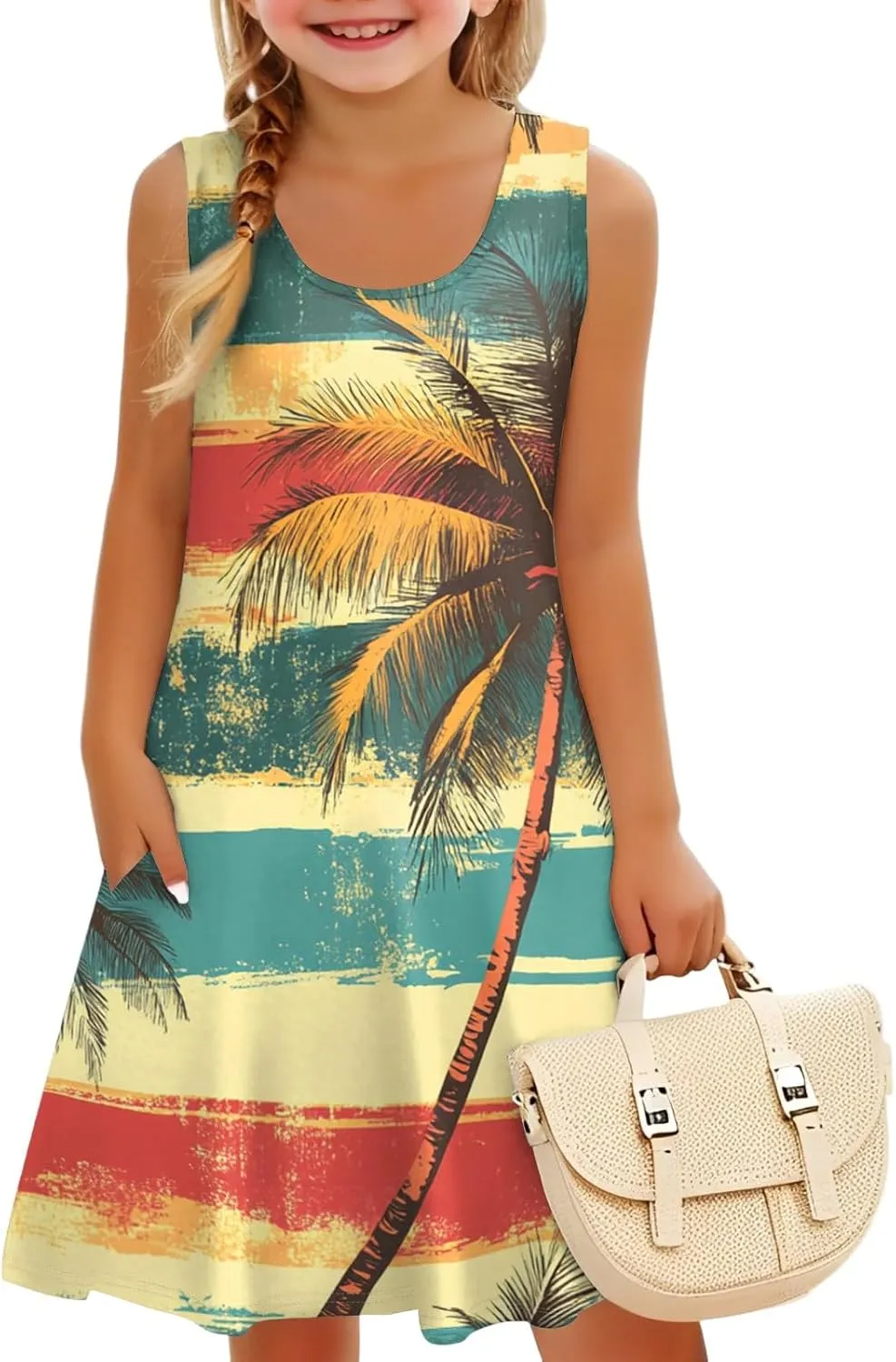 Easter Dresses for Girls Sleeveless A-Line U Neck Summer Girls Beach Sundresses Tank Midi Dresses with Pockets