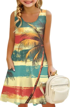 Easter Dresses for Girls Sleeveless A-Line U Neck Summer Girls Beach Sundresses Tank Midi Dresses with Pockets