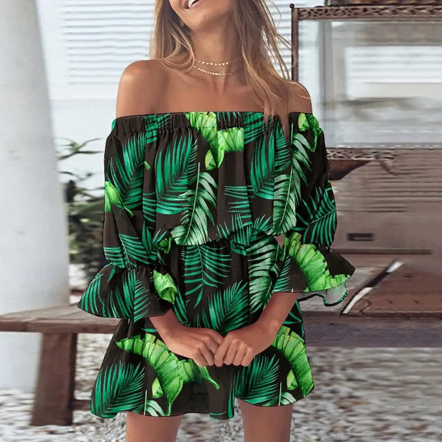 Eduavar Summer Dresses for Women 2024, Beach Dresses for Women 2024 Vacation Sexy Off Shoulder Mini Dress Casual Loose Dress