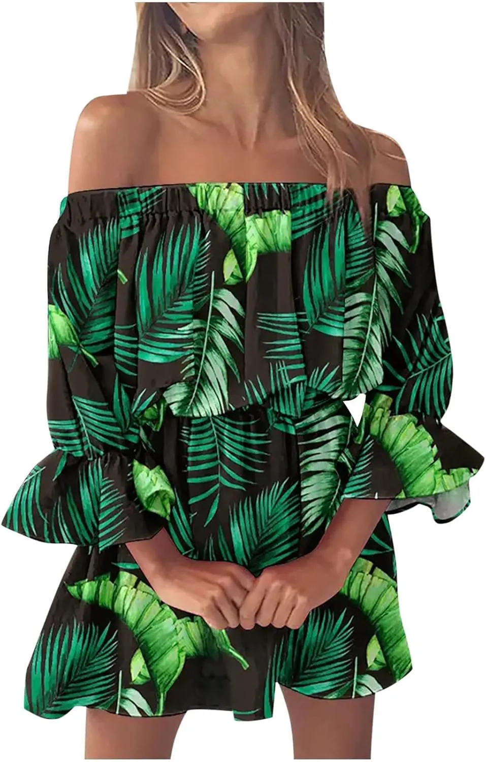 Eduavar Summer Dresses for Women 2024, Beach Dresses for Women 2024 Vacation Sexy Off Shoulder Mini Dress Casual Loose Dress
