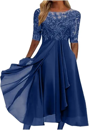 Elegant Embroidery Midi Dresses for Women Flowy Lace Cap Sleeve Dress 2025 Chiffon Plus Size Formal Evening Gowns