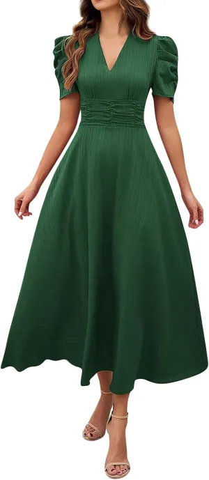 Elegant Women's Vintage A-Line Midi Dress with Puff Sleeves and V-Neck for Party, Wedding, Evening Outfits