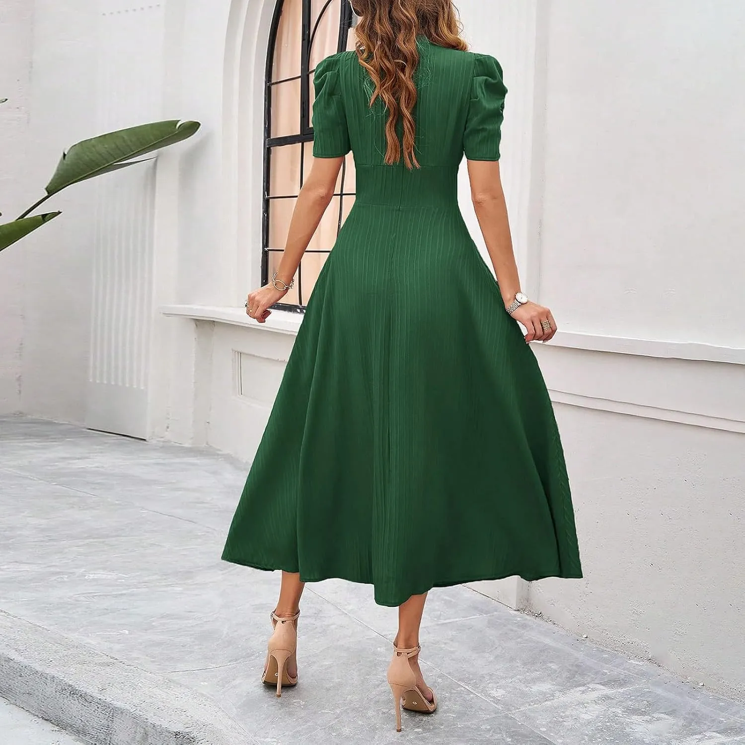 Elegant Women's Vintage A-Line Midi Dress with Puff Sleeves and V-Neck for Party, Wedding, Evening Outfits