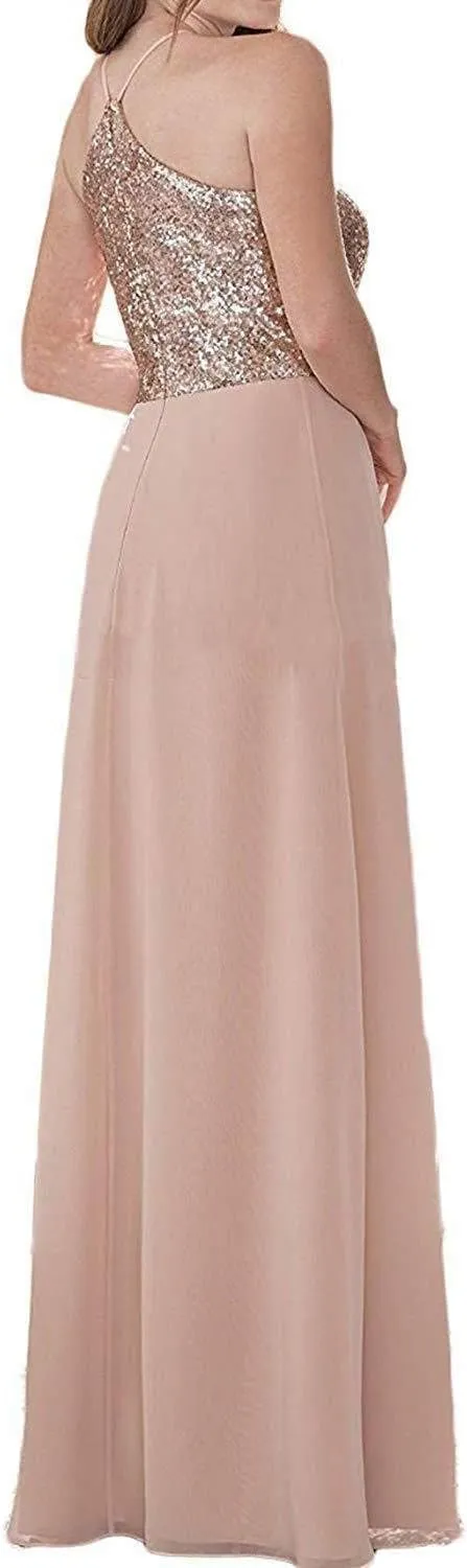 EUMI Sequin Bridesmaid Dresses Long Sequin Top Chiffon Skirt Formal Evening Party Gowns