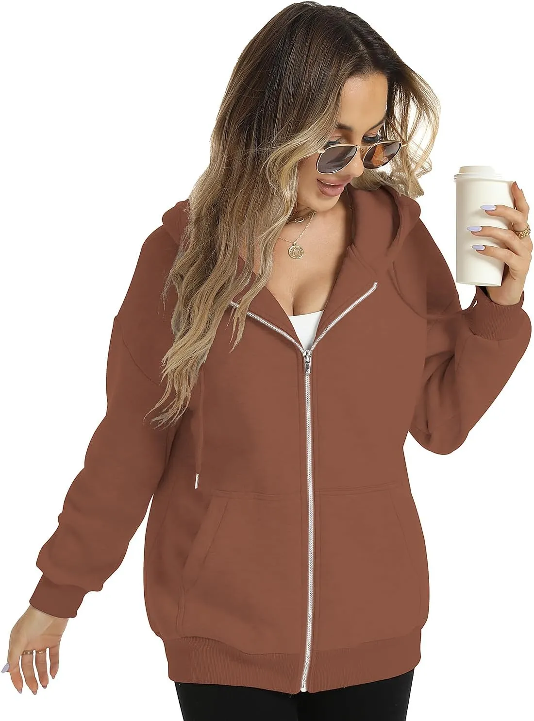 FANCYINN Womens Zip Up Hoodies Long Sleeve Oversized Sweatshirts Casual Drawstring Fall Fleece Jacket with Pockets