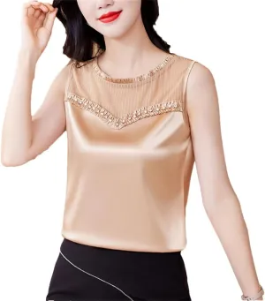 Fashion Women Beaded Tank Top Summer Silk Satin Shirt Round Neck Sleeveless Camisole