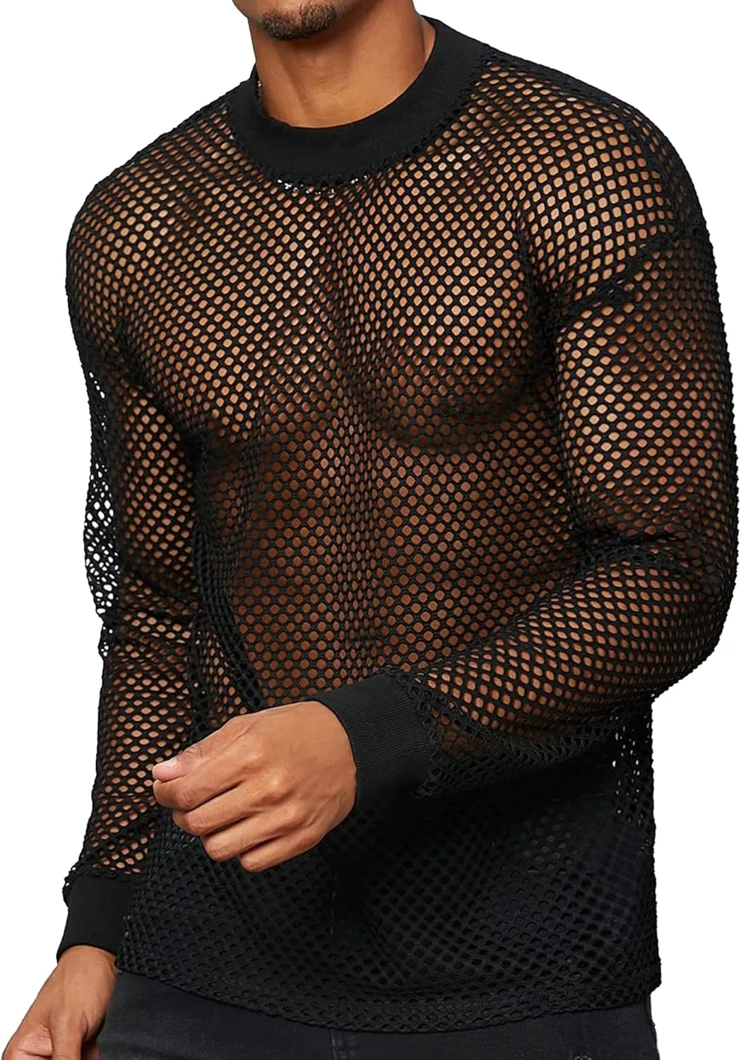 FEOYA Mens Mesh See Through Shirts Sheer Transparent Club Party Casual Top Undershirts