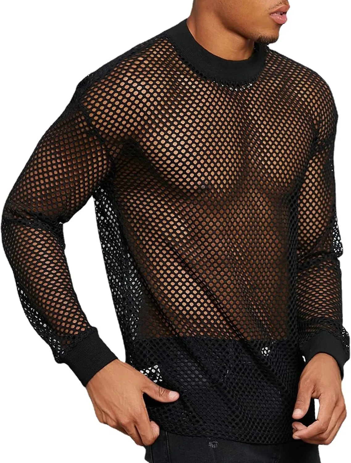 FEOYA Mens Mesh See Through Shirts Sheer Transparent Club Party Casual Top Undershirts