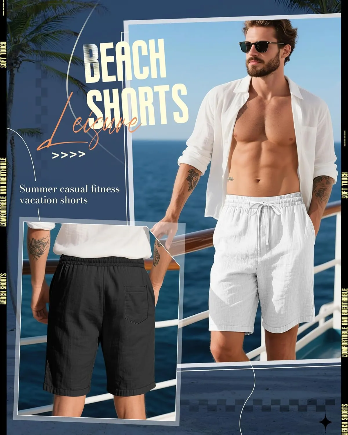 Ficerd 2 Pack Men's Cotton Linen Shorts, Elastic Waist Beach Pants with Drawstring Pockets Summer Casual Gym Vacation Shorts