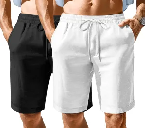 Ficerd 2 Pack Men's Cotton Linen Shorts, Elastic Waist Beach Pants with Drawstring Pockets Summer Casual Gym Vacation Shorts