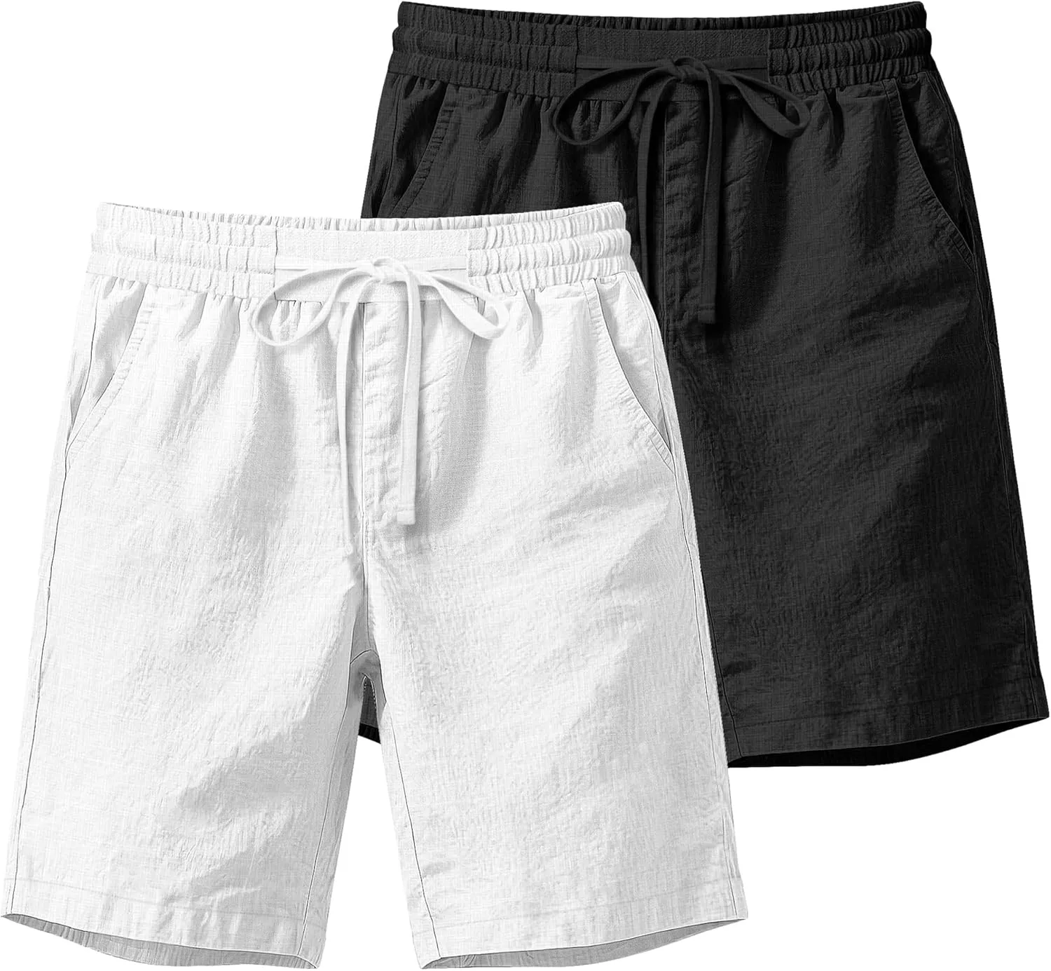 Ficerd 2 Pack Men's Cotton Linen Shorts, Elastic Waist Beach Pants with Drawstring Pockets Summer Casual Gym Vacation Shorts