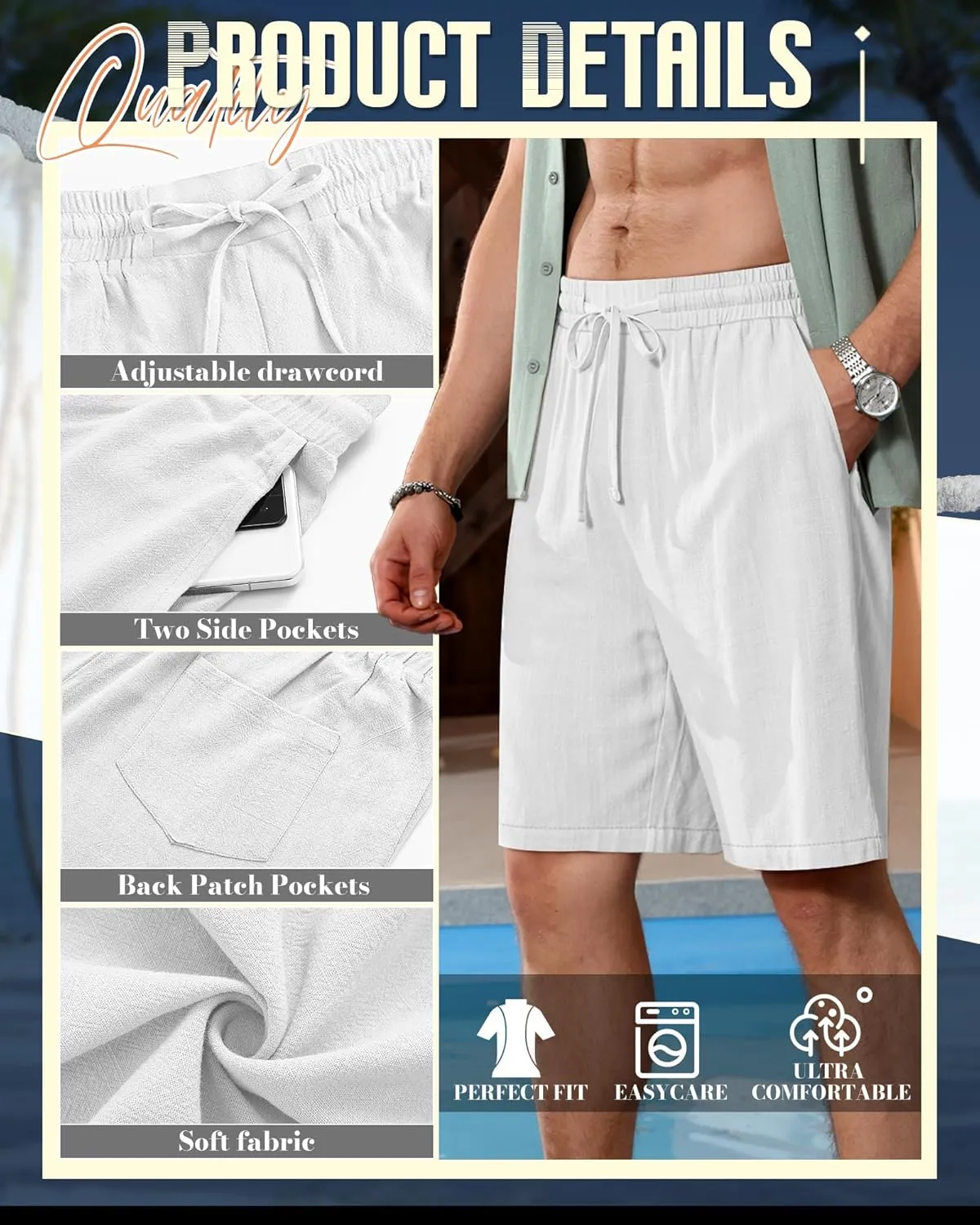Ficerd 2 Pack Men's Cotton Linen Shorts, Elastic Waist Beach Pants with Drawstring Pockets Summer Casual Gym Vacation Shorts