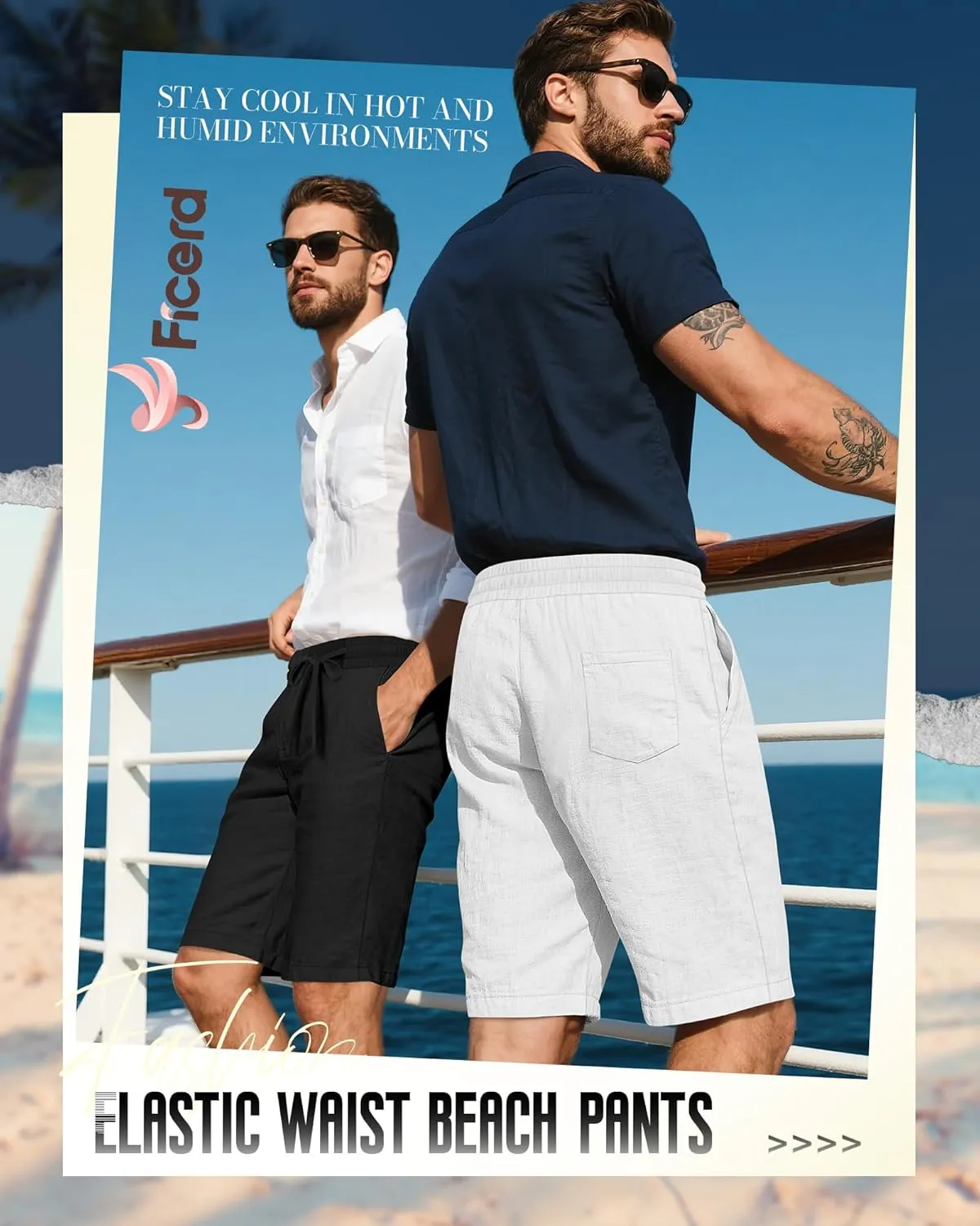 Ficerd 2 Pack Men's Cotton Linen Shorts, Elastic Waist Beach Pants with Drawstring Pockets Summer Casual Gym Vacation Shorts