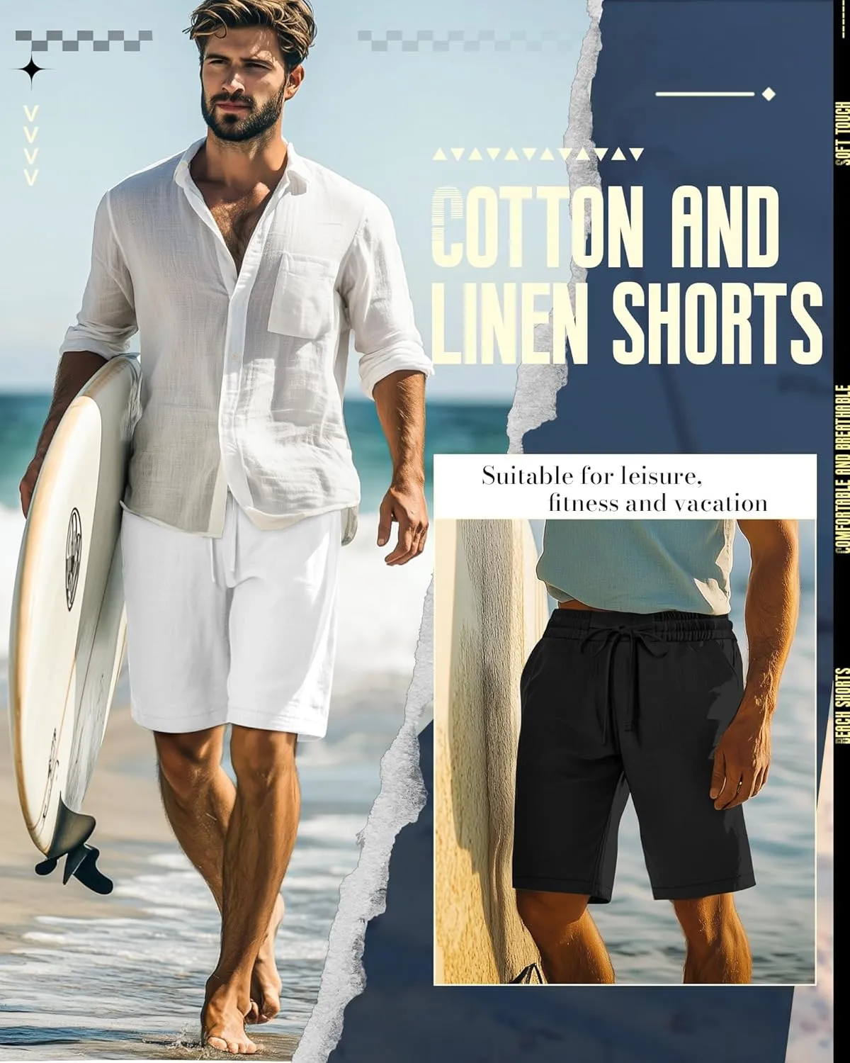 Ficerd 2 Pack Men's Cotton Linen Shorts, Elastic Waist Beach Pants with Drawstring Pockets Summer Casual Gym Vacation Shorts