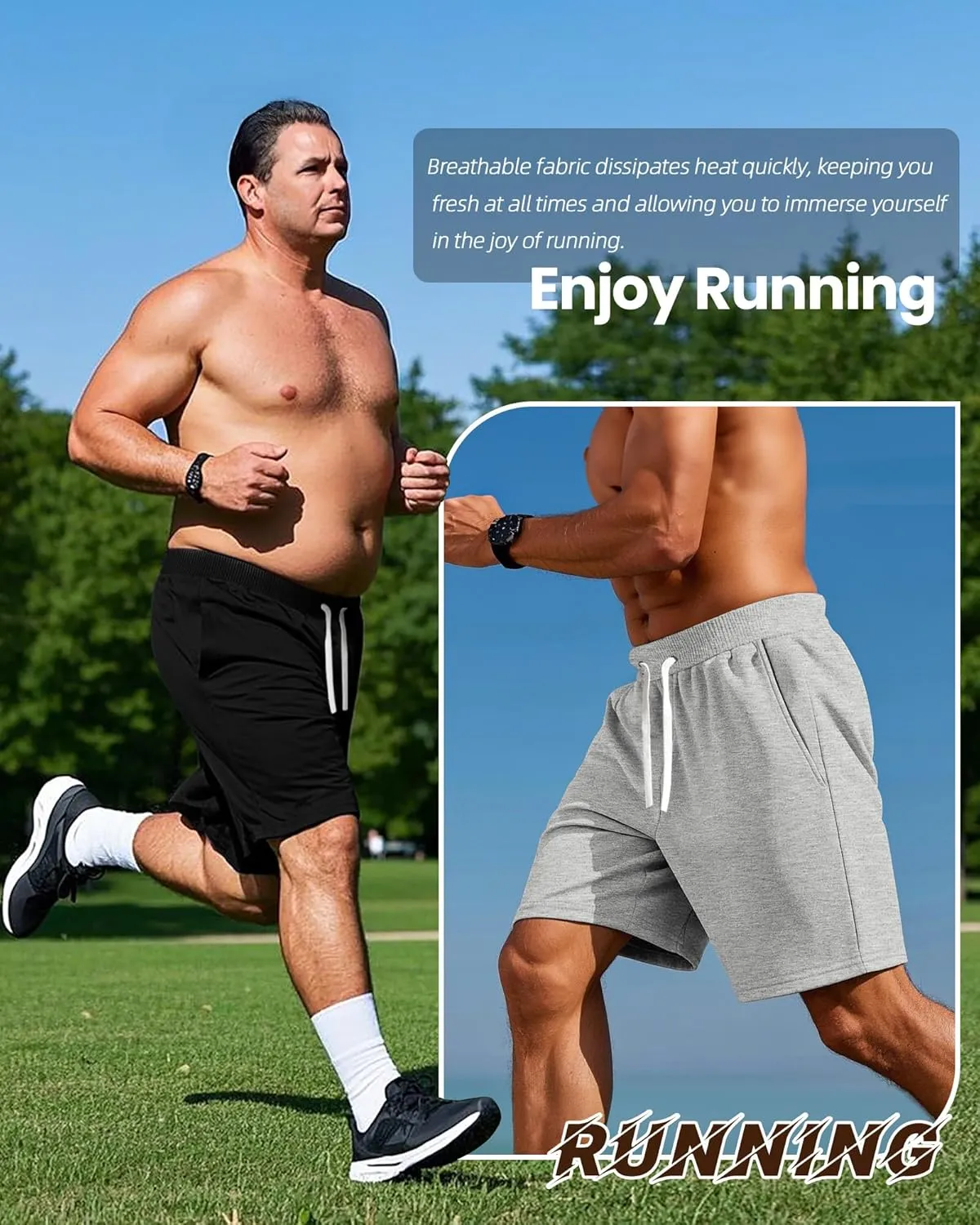 Ficerd 3 Pack Big and Tall Men's Sweat Shorts 9'' Plus Size Bermuda Drawstring Elastic Waist Shorts with 3 Pocket