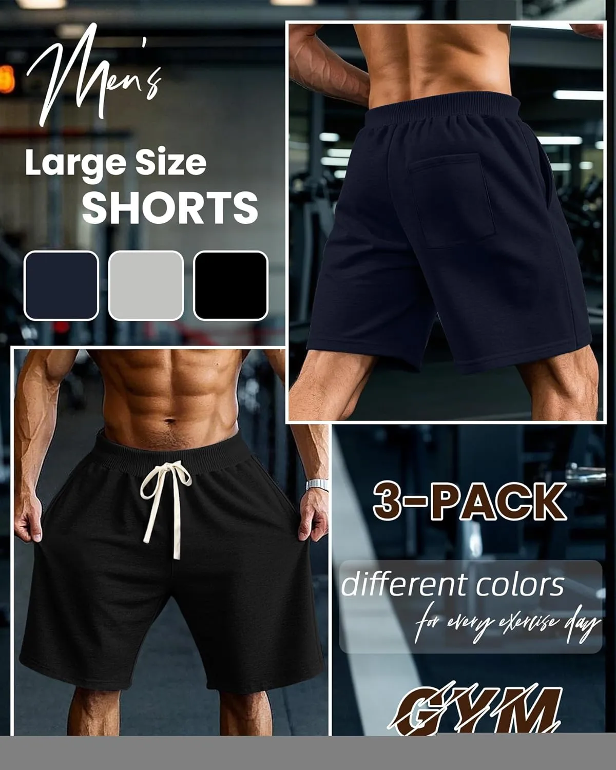 Ficerd 3 Pack Big and Tall Men's Sweat Shorts 9'' Plus Size Bermuda Drawstring Elastic Waist Shorts with 3 Pocket