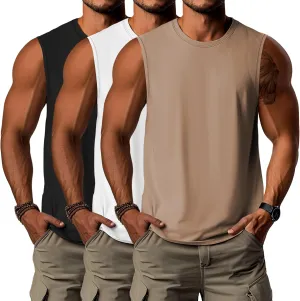 Ficerd 3 Pack Men's Big Tall Tank Tops, Cotton Moisture Wicking Muscle Shirts Sleeveless Solid Color Basic Tee Shirts