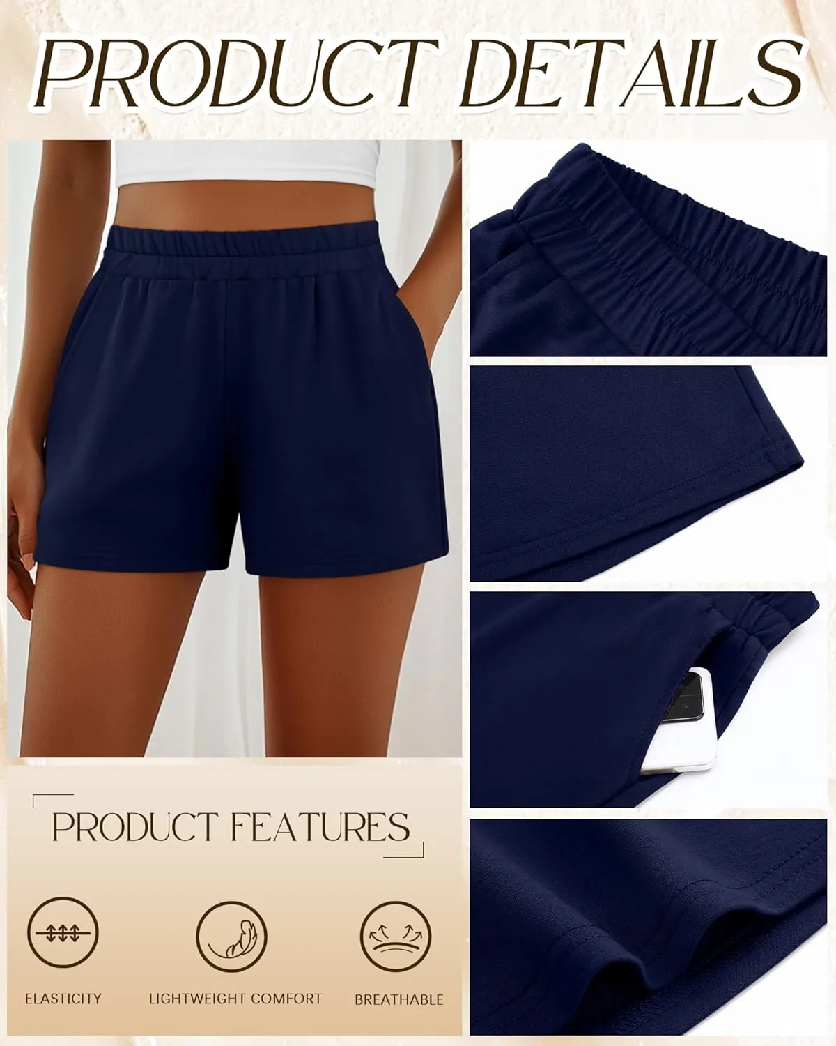 Ficerd 3 Pack Women's Sweat Shorts, Elastic High Waist Casual Summer Lounge Cotton Comfy Athletic Shorts with Pockets