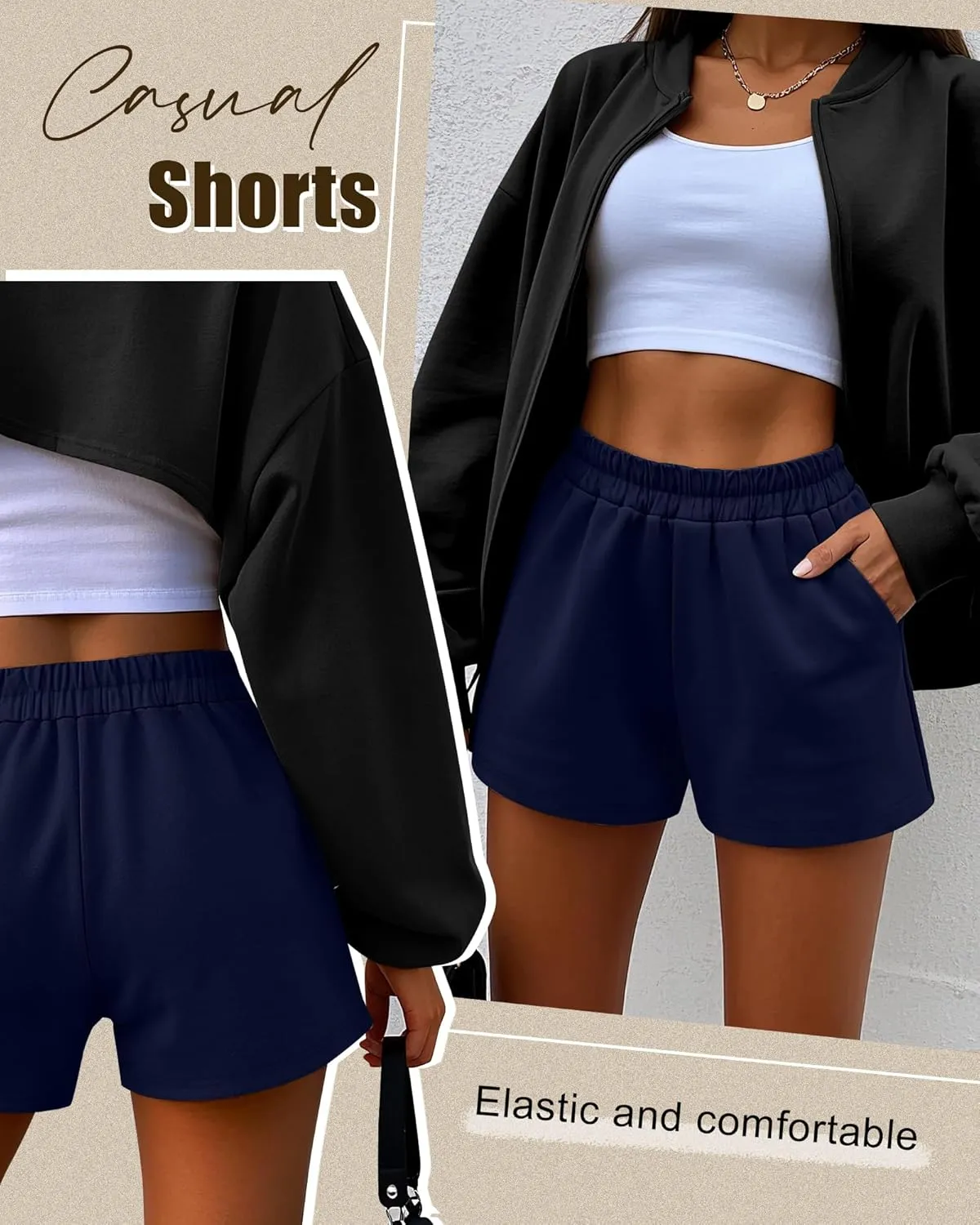 Ficerd 3 Pack Women's Sweat Shorts, Elastic High Waist Casual Summer Lounge Cotton Comfy Athletic Shorts with Pockets