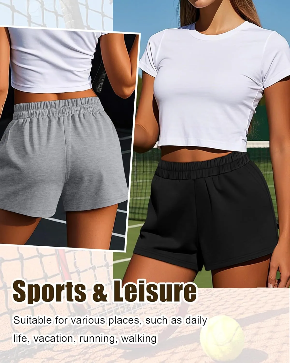 Ficerd 3 Pack Women's Sweat Shorts, Elastic High Waist Casual Summer Lounge Cotton Comfy Athletic Shorts with Pockets