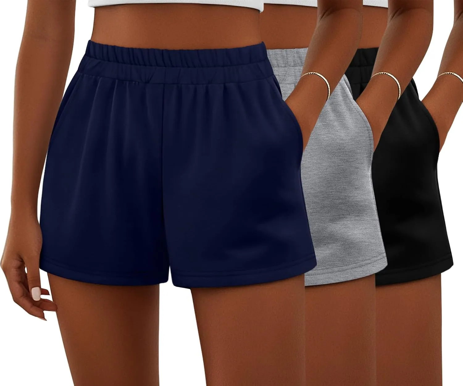 Ficerd 3 Pack Women's Sweat Shorts, Elastic High Waist Casual Summer Lounge Cotton Comfy Athletic Shorts with Pockets
