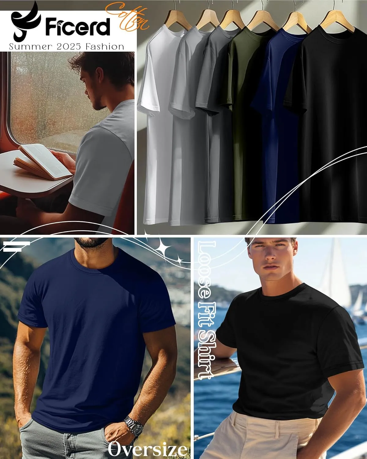 Ficerd 6 Pack Men's Big and Tall Shirts Short Sleeve Cotton Tee Summer Crew Neck Oversize Top Loose Fit Shirt Multipack