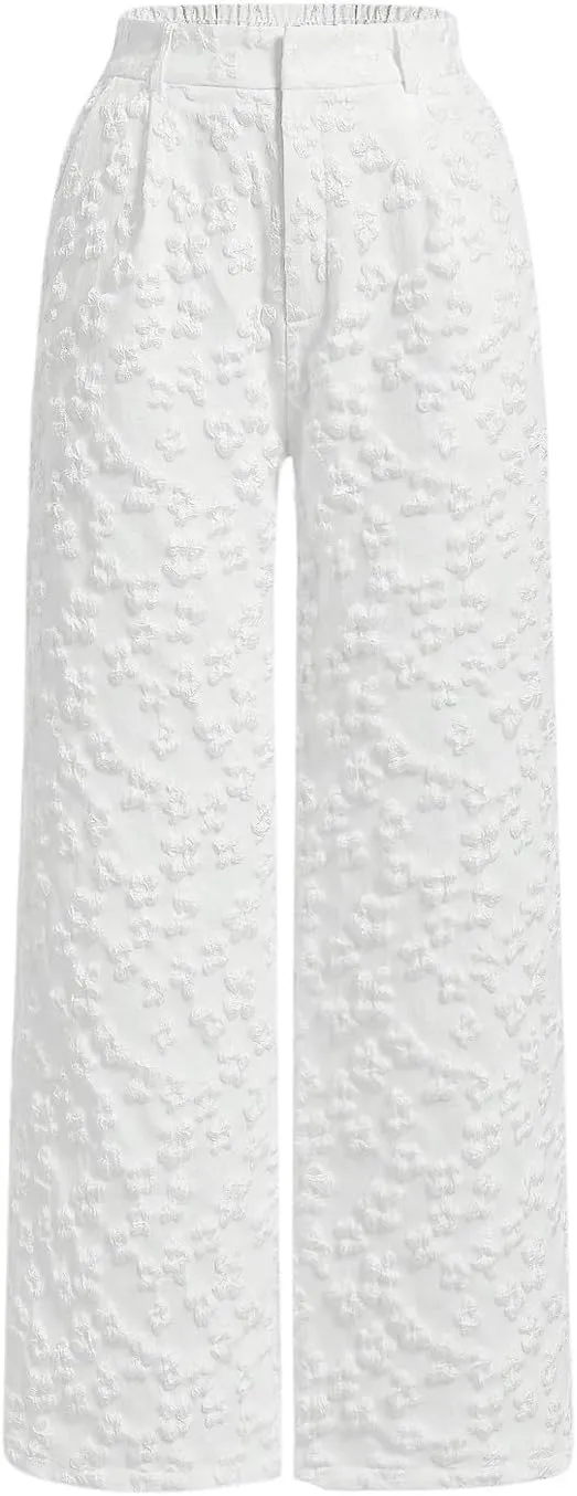 Floerns Women's Casual Textured Wide Straight Leg Elastic High Waist Pants