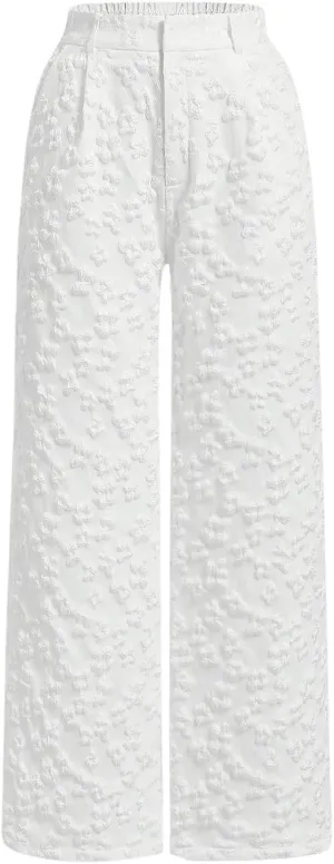 Floerns Women's Casual Textured Wide Straight Leg Elastic High Waist Pants