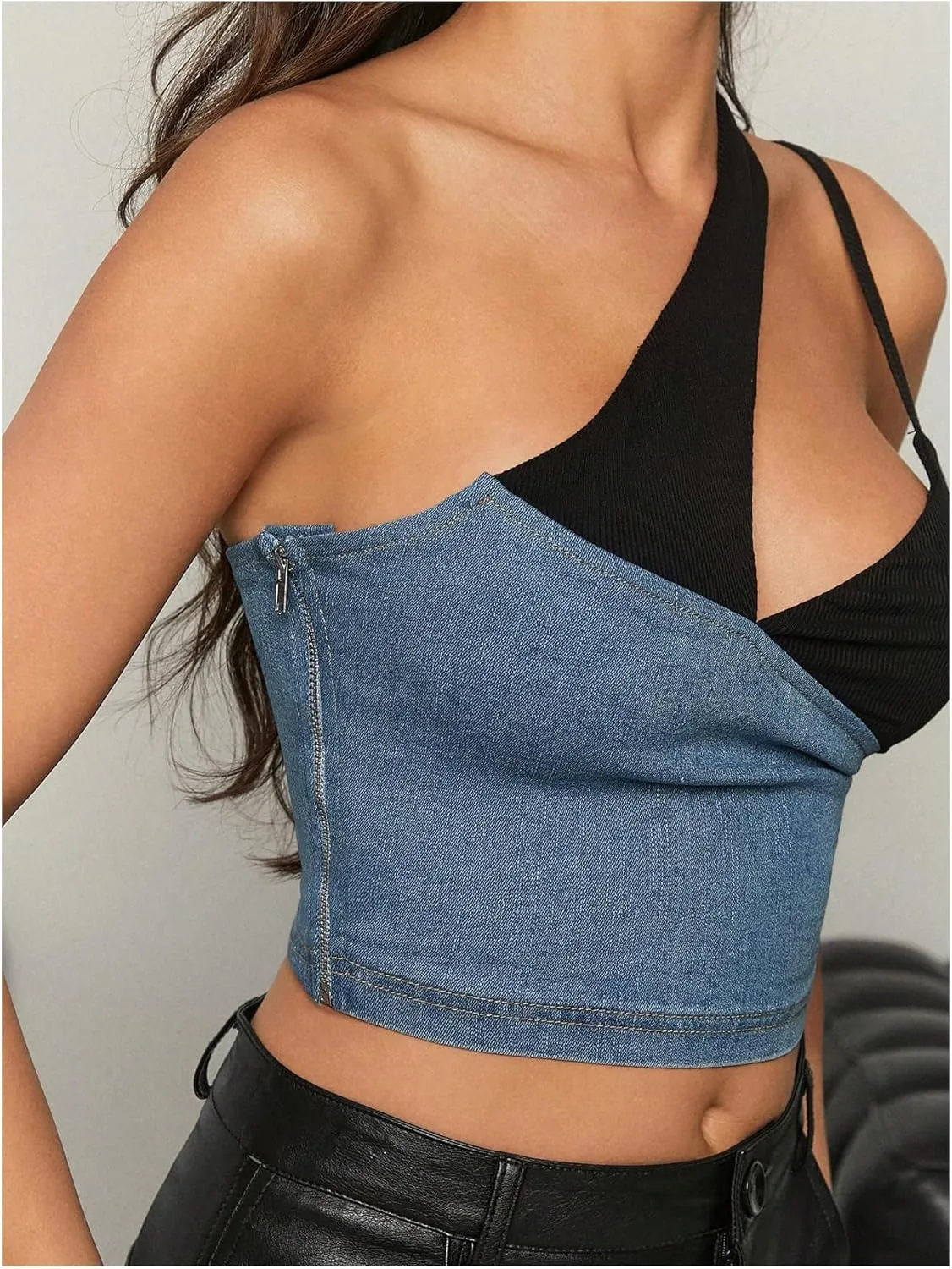 Floerns Women's Denim Patchwork Sleeveless Crop Camisole Cut Out One Shoulder Tank Top