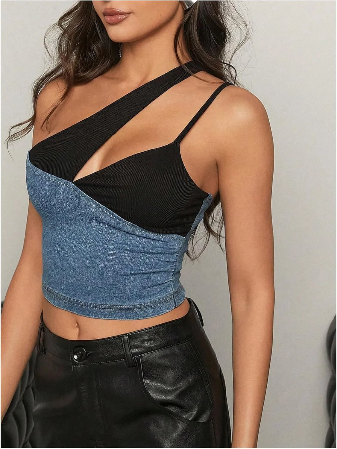 Floerns Women's Denim Patchwork Sleeveless Crop Camisole Cut Out One Shoulder Tank Top
