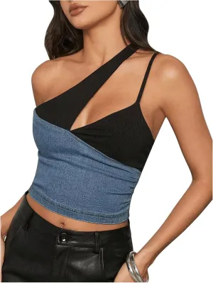 Floerns Women's Denim Patchwork Sleeveless Crop Camisole Cut Out One Shoulder Tank Top