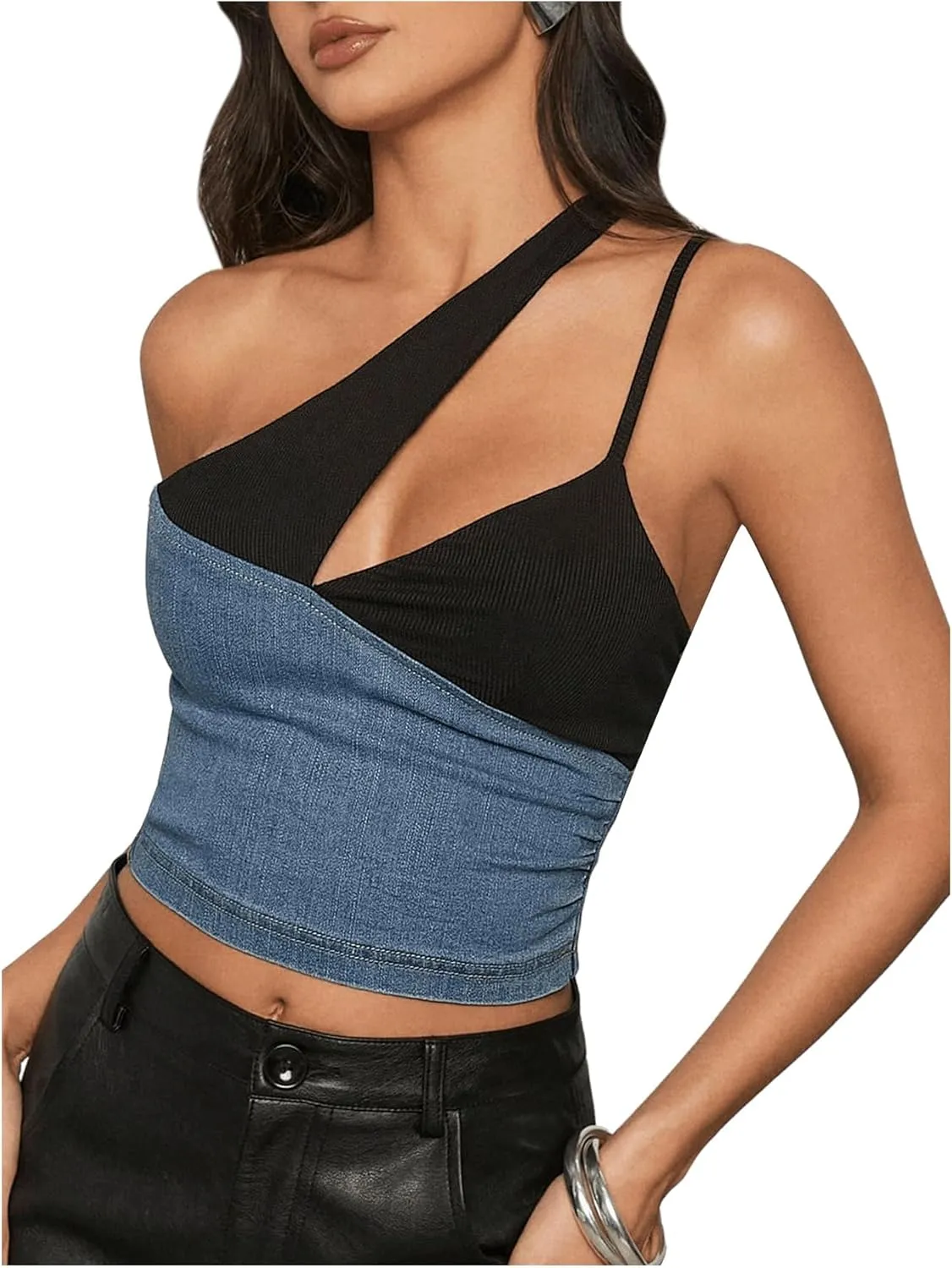 Floerns Women's Denim Patchwork Sleeveless Crop Camisole Cut Out One Shoulder Tank Top