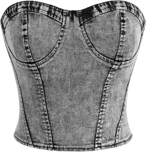 Floerns Women's Sleeveless Bandana Asymmetrical Hem Zip Up Back Denim Crop Tube Top