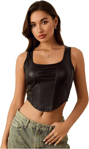 Floerns Women's Square Neck Asymmetrical Hem Sleeveless Shirts PU Leather Club Tank Top
