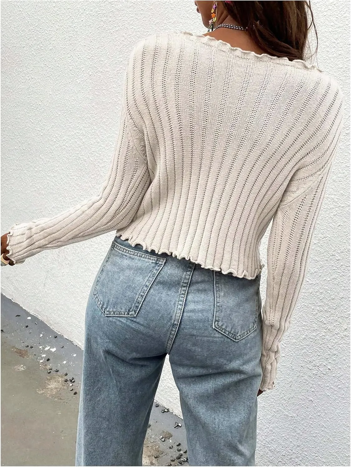 Floerns Women's Tie Front Lettuce Trim V Neck Long Sleeve Cardigan Crop Top