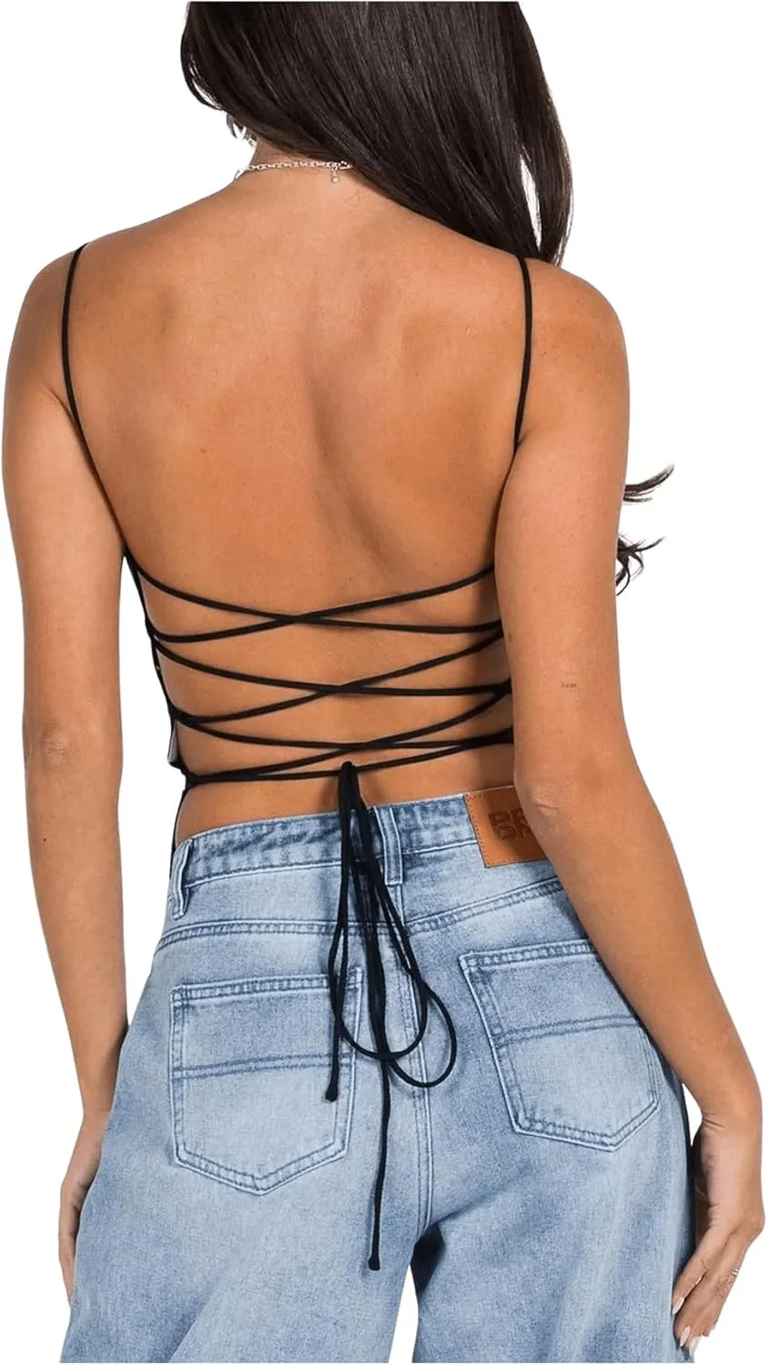 Floerns Women's Y2k Lace Up Backless Camisole Spaghetti Strap Street Cami Tank Top
