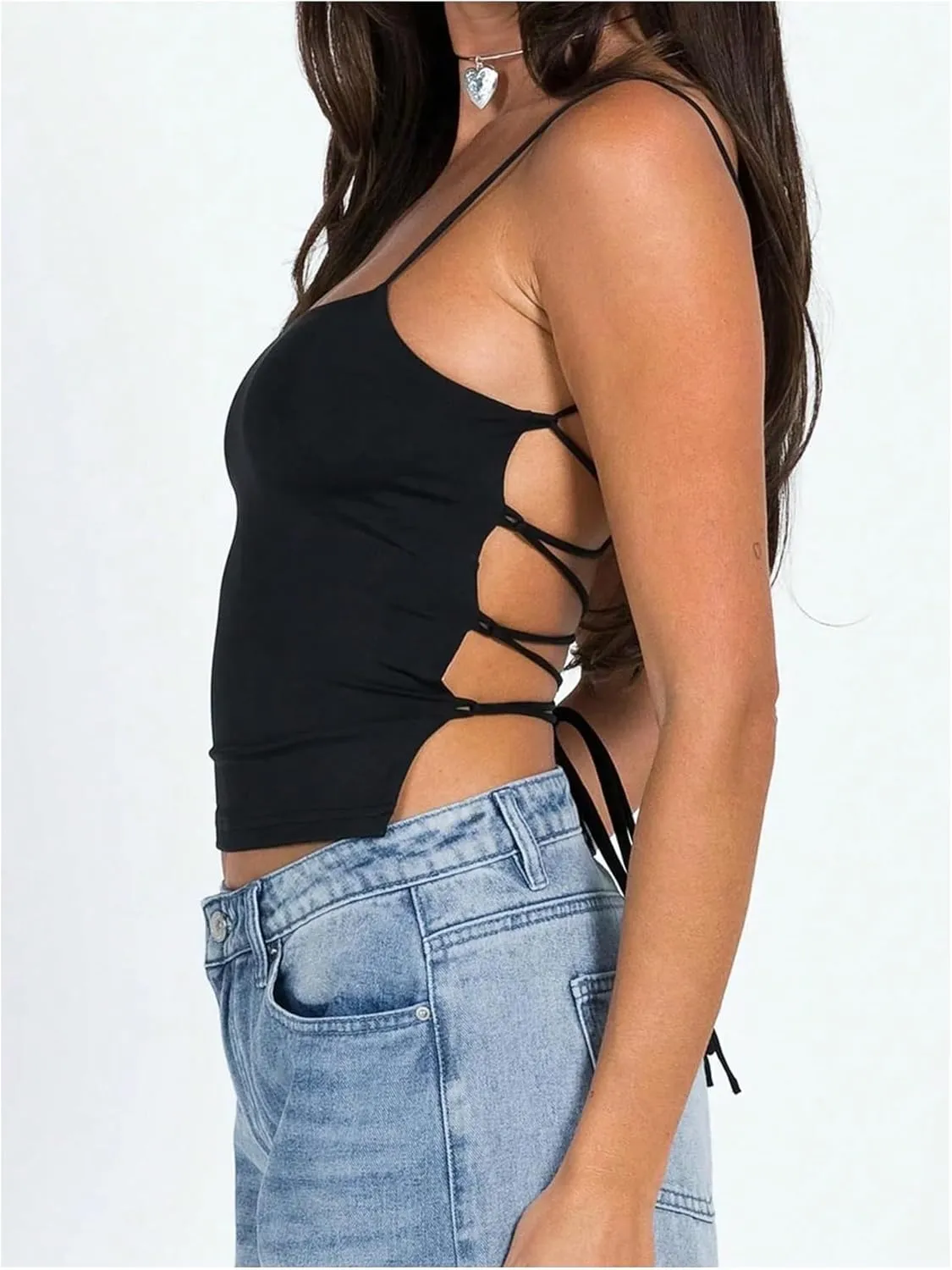 Floerns Women's Y2k Lace Up Backless Camisole Spaghetti Strap Street Cami Tank Top