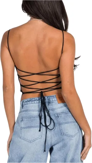 Floerns Women's Y2k Lace Up Backless Camisole Spaghetti Strap Street Cami Tank Top