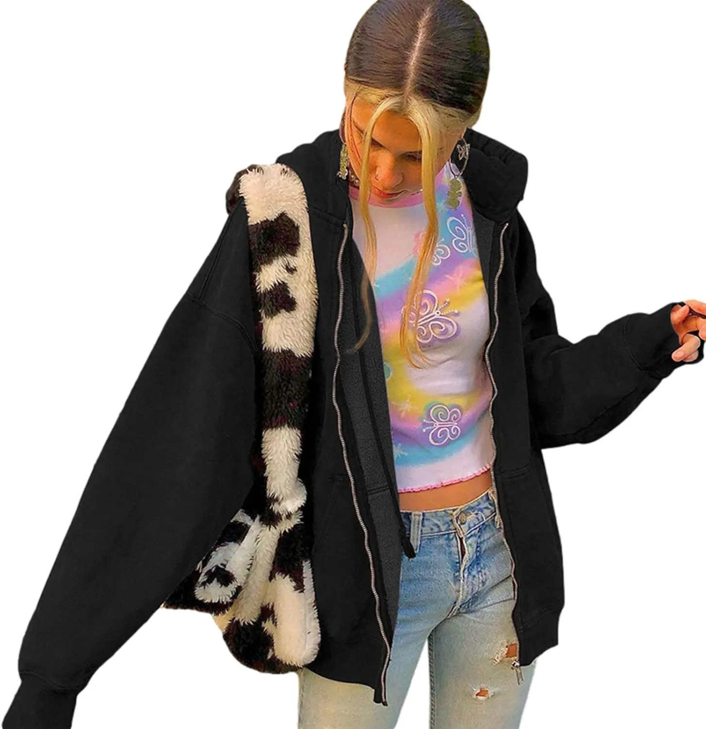 FOMOYUU Women Oversized Zip Up Hoodie Vintage Graphic Print Long Sleeve Hooded Sweatshirt Goth Punk Pullover Jacket Coat