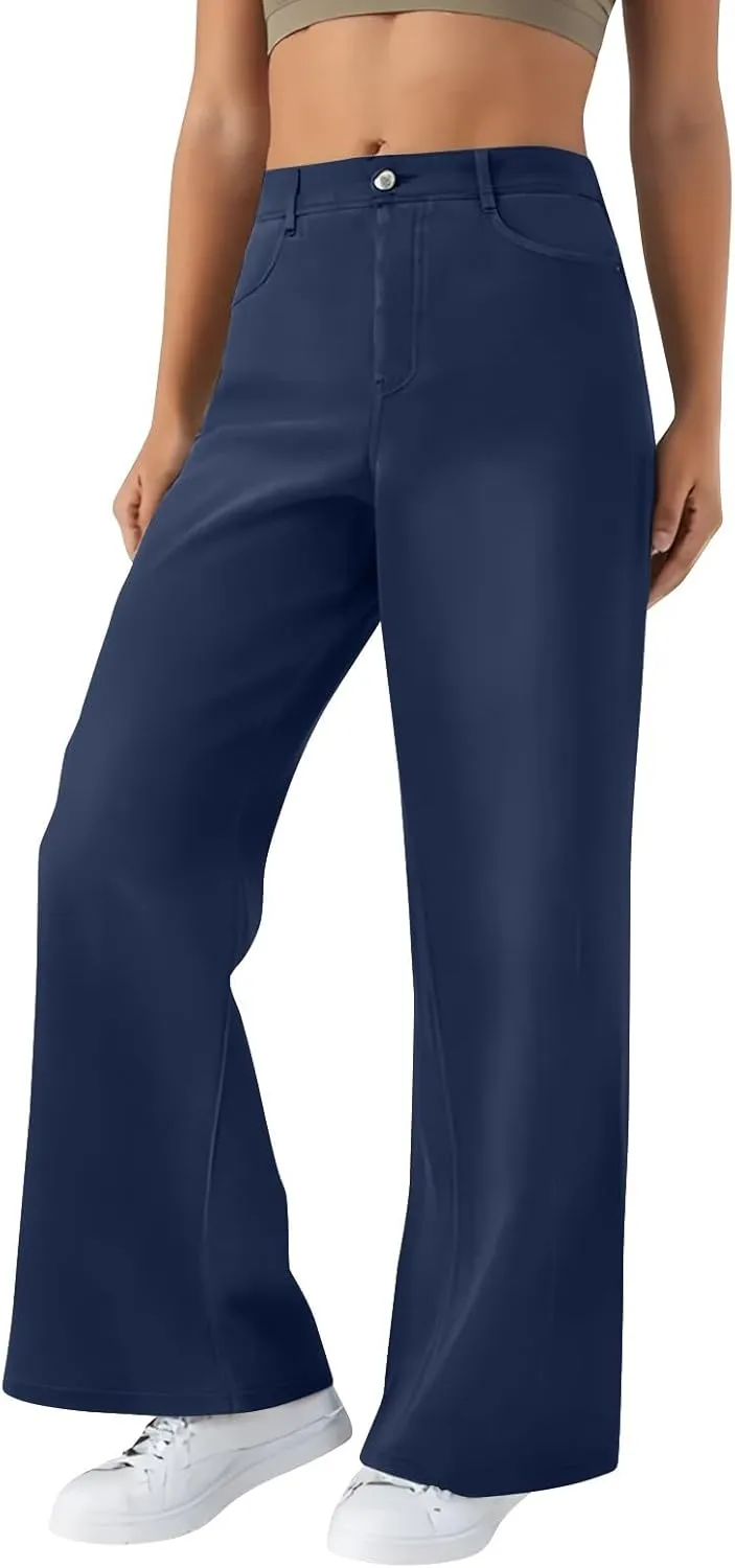 FQZWONG Jeans for Women Trendy Plus Size High Waisted Straight Pants Slim Fit Solid Tummy Control Denim Sweatpants