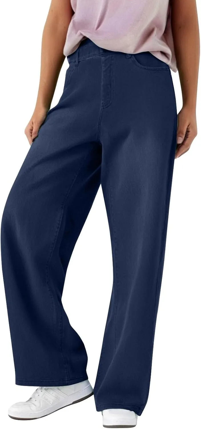 FQZWONG Jeans for Women Trendy Plus Size High Waisted Straight Pants Slim Fit Solid Tummy Control Denim Sweatpants