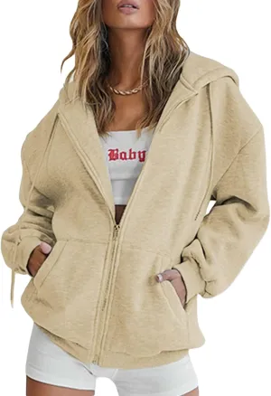 Franhais Womens Zip Up Oversized Hoodies Y2k Long Sleeve Drawstring Vintage Sweatshirts Aesthetic Pullover JacketStreetwear