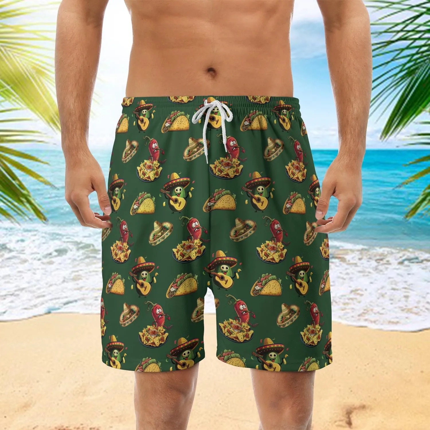 Funny Mens Swim Trunks - Taco Swimming Trunks for Men - Cinco De Mayo Drawstring Beach Shorts, Mens Swim Shorts S17