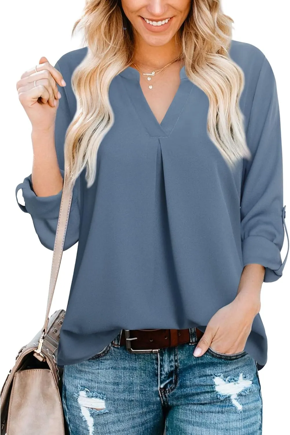 Gaharu Women's Blouses 3/4 Sleeve Work Shirt Chiffon Tunic Top Office Wear