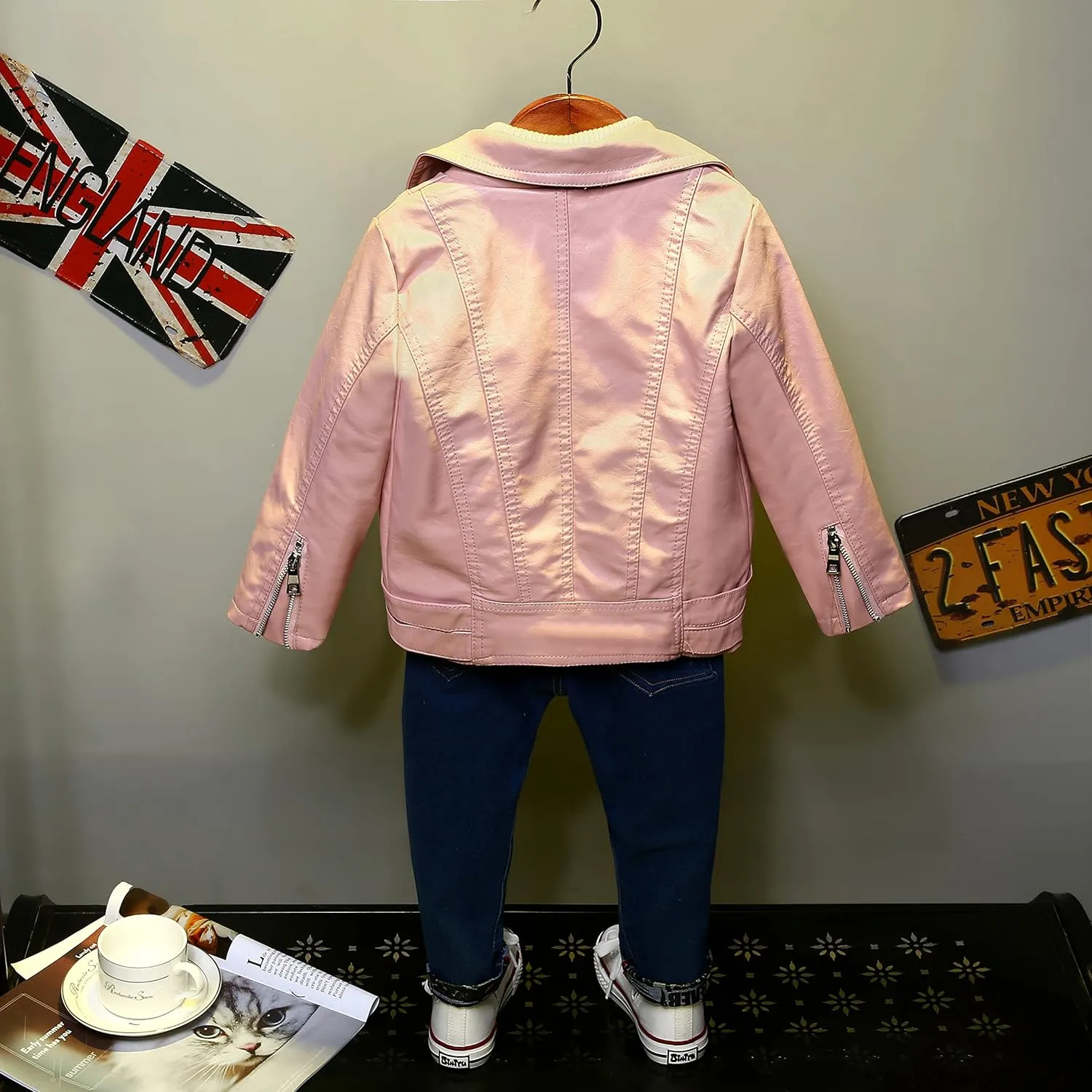 Girls Boys Biker Jacket Faux Leather Rivets Leather Motor Jacket For Kids 3-12Years